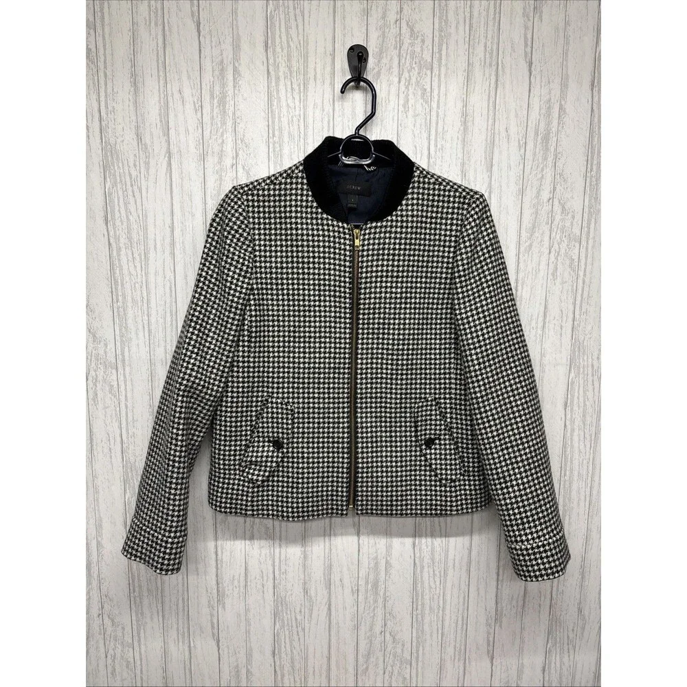 Womens Size S J Crew Houndstooth Wool Bomber Jacket EUC - Picture 2 of 5
